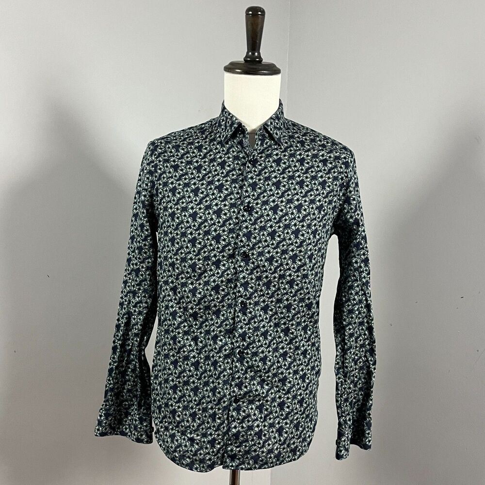 Ted Baker Modern Fit Blue Floral Button Front Long Sleeve Shirt Men's 15.5